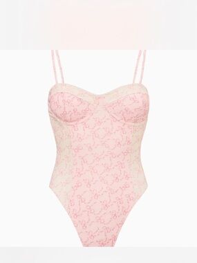LoveShackFancy Pale Pink Lace-Detail One-Piece Swimsuit